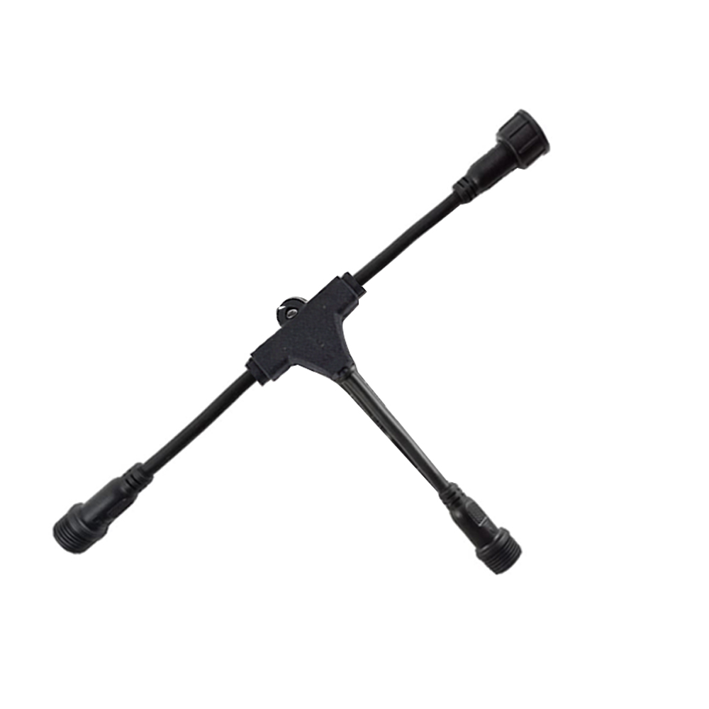 Connecteur étanche en forme de T, 2 broches, 2 extrémités mâles, 1 femelle, câble rond noir VDE, séparateur de lumières pour éclairage extérieur
