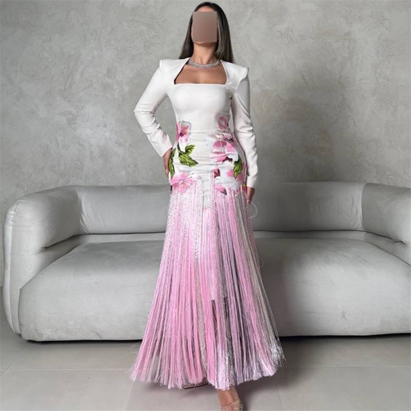 Charming Evening Dresses Exquisite Square Collar Long Sleeves Customized Homecoming Dress Embroidery Tassel Party Gowns 260508