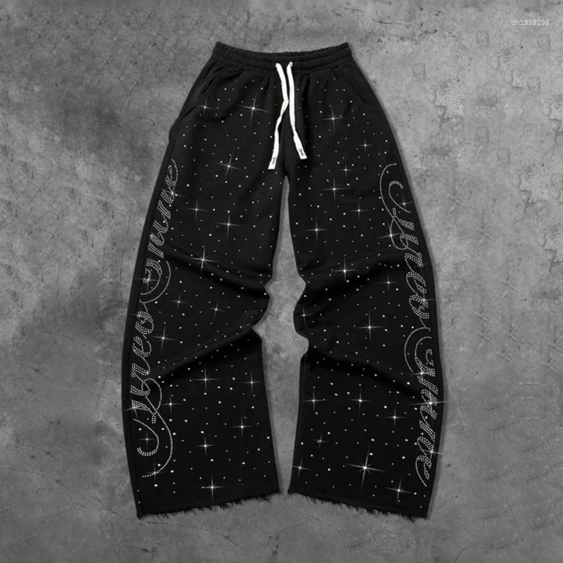 Men's Pants Trendy American Street Diamond Star Rose Pattern Men And Women Black Drawstring Elastic Waist Edge Wide Leg