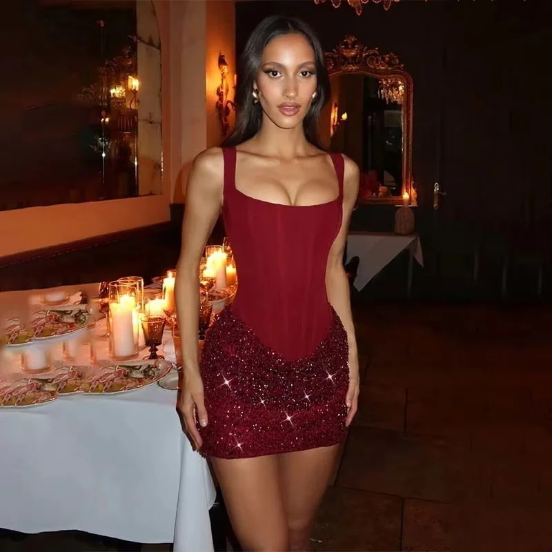 Avrilyaan Sequin Patchwork Strapless Pleated Party Dress Women Spaghetti Strap Sexy Dress Bandage Backless Mini Summer Dress 260507