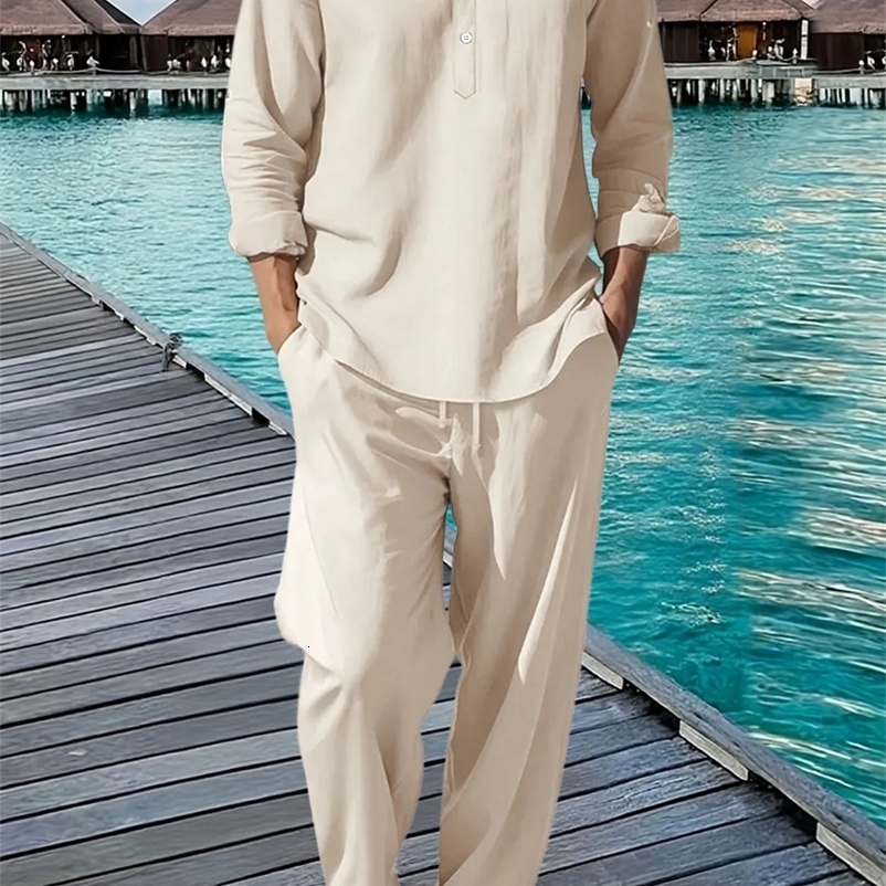 Mens Shirt Pants Suit Summer Breathable Beach Hawaiian Vacation Casual Long Sleeves Set Solid Color Loose Jogging Trousers 260429CJ