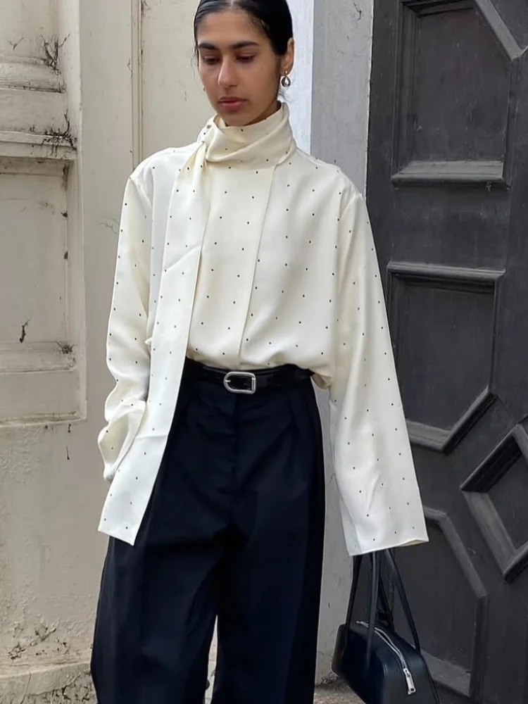 Satin Scarf Neck Polka Dot Printing Women Blouse Fashion Full Sleeve Loose Basic Shirt Lady Autumn Highstreet Commute Wear 260506