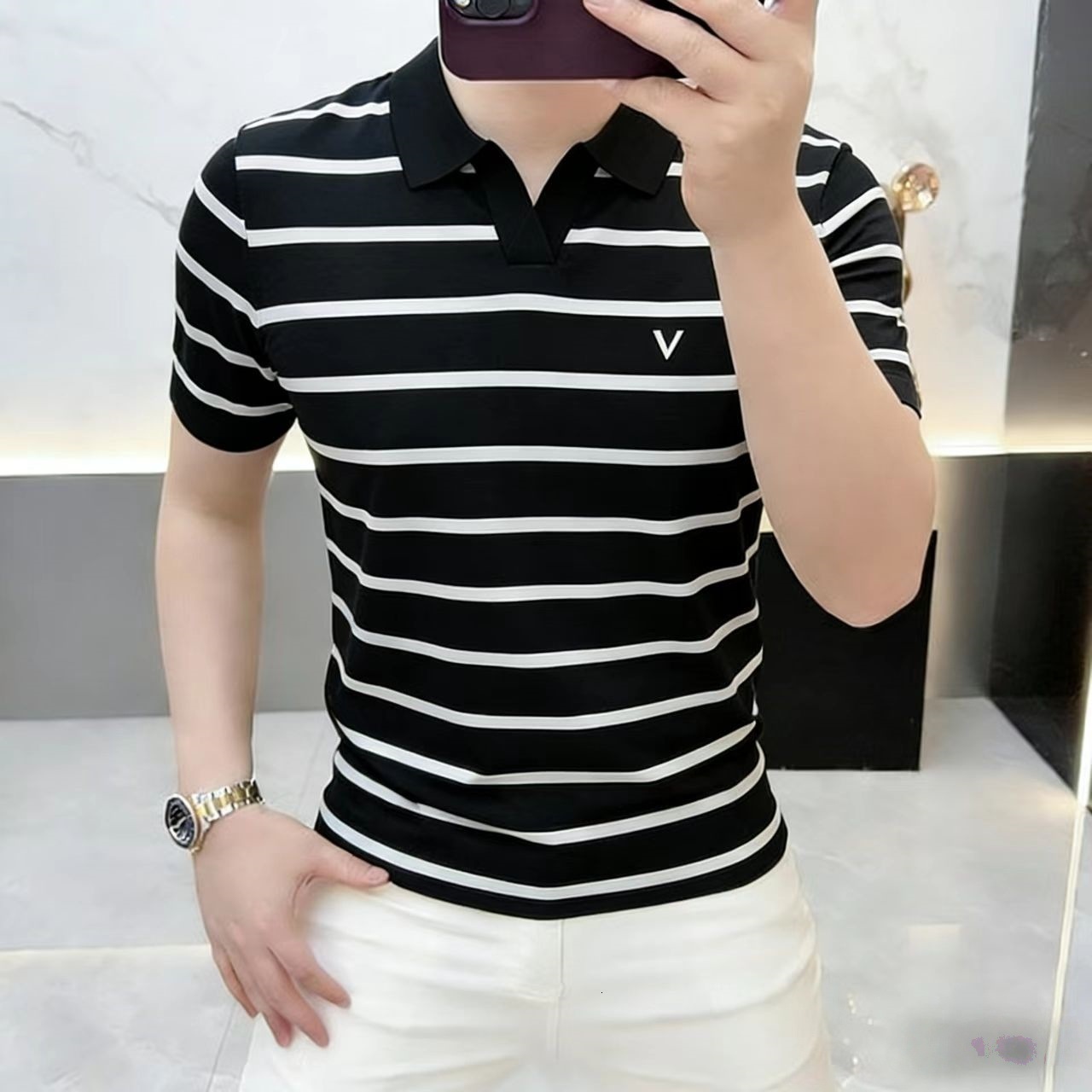 Designer 2026 European Fashion Brand Men's Striped Short-sleeve POLO Shirt, New Summer Luxury Style, Ice Silk Knit, Stylish, Slim Fit, Versatil