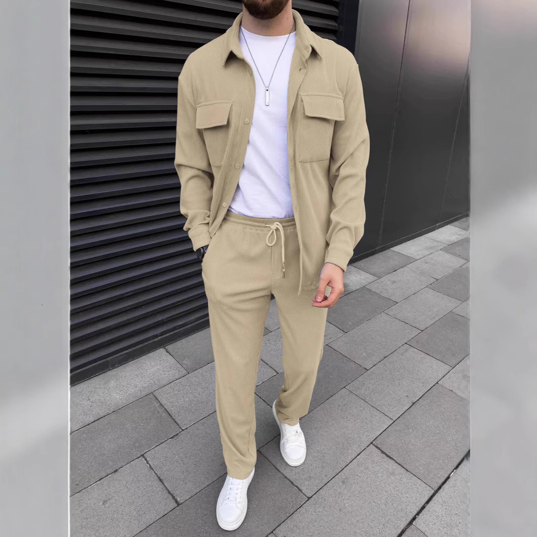 2026 New Spring Cross-border European And American Men's Corduroy Long-sleeve Turn-down Collar Shirt Designer T-shirt And Trousers Luxury Desig