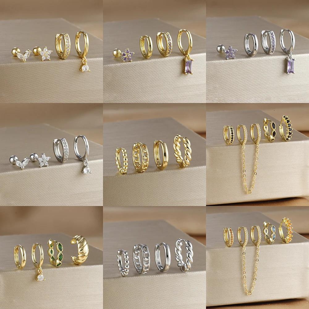 4PCS Stainless Steel Cubic Zirconia Star Leaves Hoop Earrings Set for Women 18K Gold Plated Long Chain Piercing Jewelry Aretes 260423