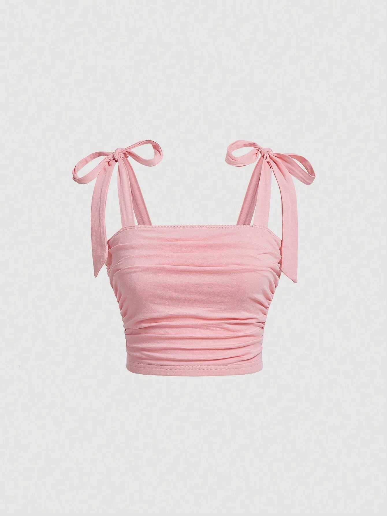 Solid Tie Shoulder Ruched Wide Strap Slim Fit Crop Top for Women Summer 2024 Y2K Clothes Pink Backless Cami Top StreetwearT260509