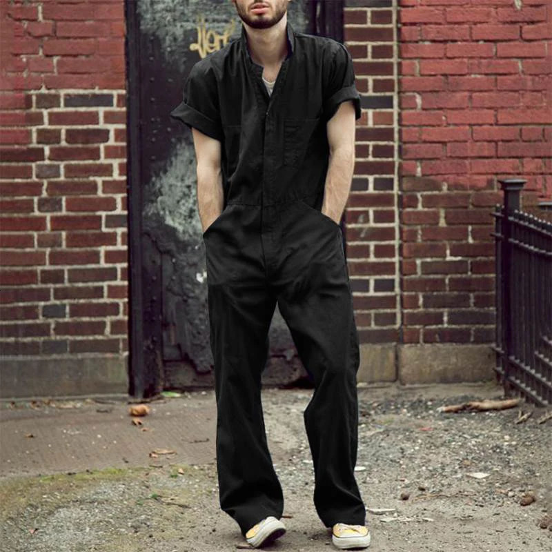 Mens Leisure Overalls Zipper Jumpsuit Casual Short-sleeved Pocket Pants Lapel Work Clothes Solid Color Streetwear 260506BJ