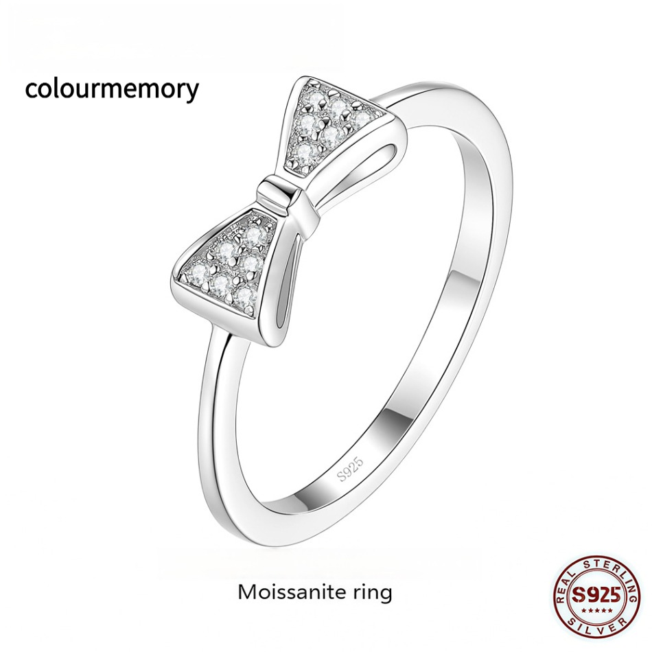 S925 Sterling Silver Bowknot Moissanite Ring, D Color VVS1 Adjustable Open Ring, Cute Promise Ring for Women With GRA Certificate-image-1105297090