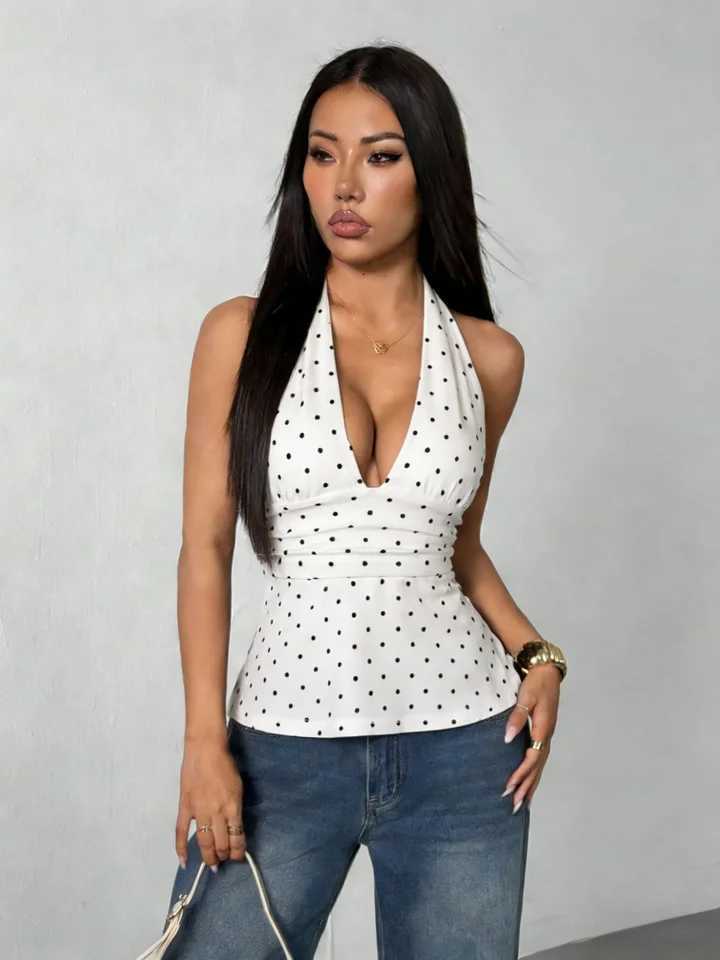 Womens Polka Dot Halter Top Sleeveless Deep V Neck Backless Tie Back Peplum Camisole for SummerT260509