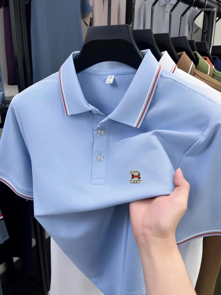 Men's Polos High End Luxury Brand Short Sleeve Polo Shirt Summer Breathable T-shirt B-shaped Embossed Design Business Casual Top