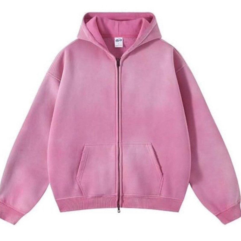 Up Hoodie Men Women Vintage Spray Washed Pink Hooded Jacket Oversized Loose Distressed High Street Couple Sweatshirt Full Zip Long Sleeve Casual Out