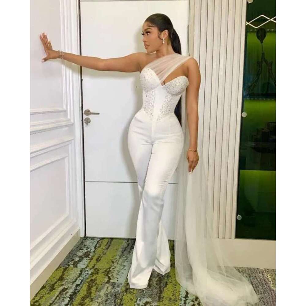 White Ivory Satin Pants Jumpsuit Wedding Dresses Sexy One Shoulder Sweetheart Pearls African Women Formal Occasion Party Gowns Aso Ebi Customized Ou