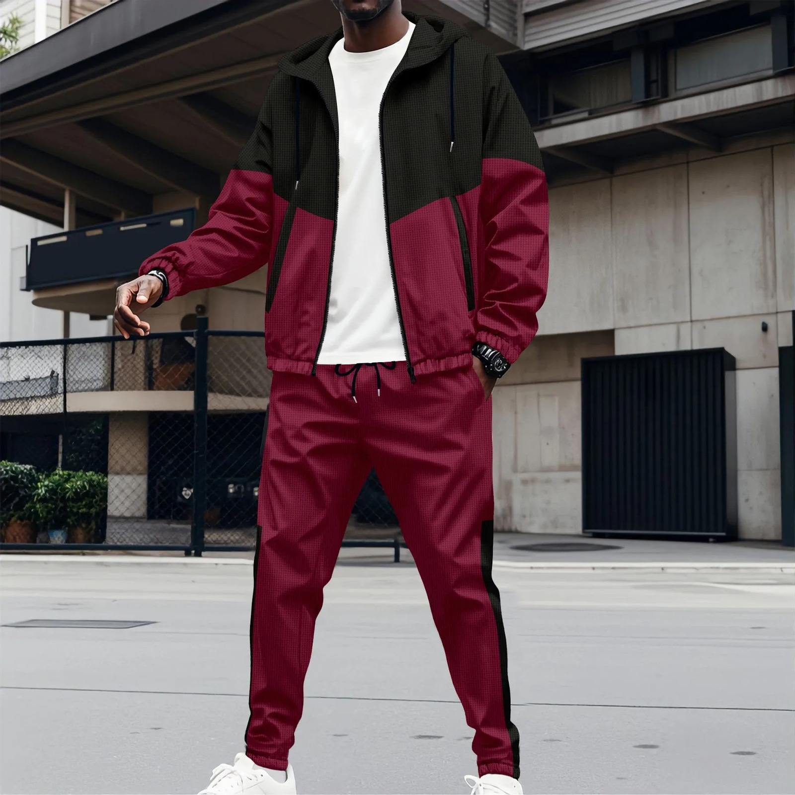 2025 spring and fall mens hooded Waffle color matching jacket double pocket long sleeve casual sports two pants suit 260430