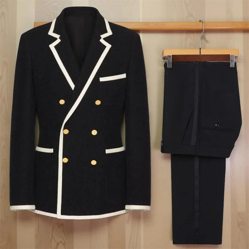 Double Breasted Men Suits for Prom Party White Edge Notch Lapel Wedding Tuxedo 2 Pcs Groomsmen Gentlemen Suit Set Jacket Pants