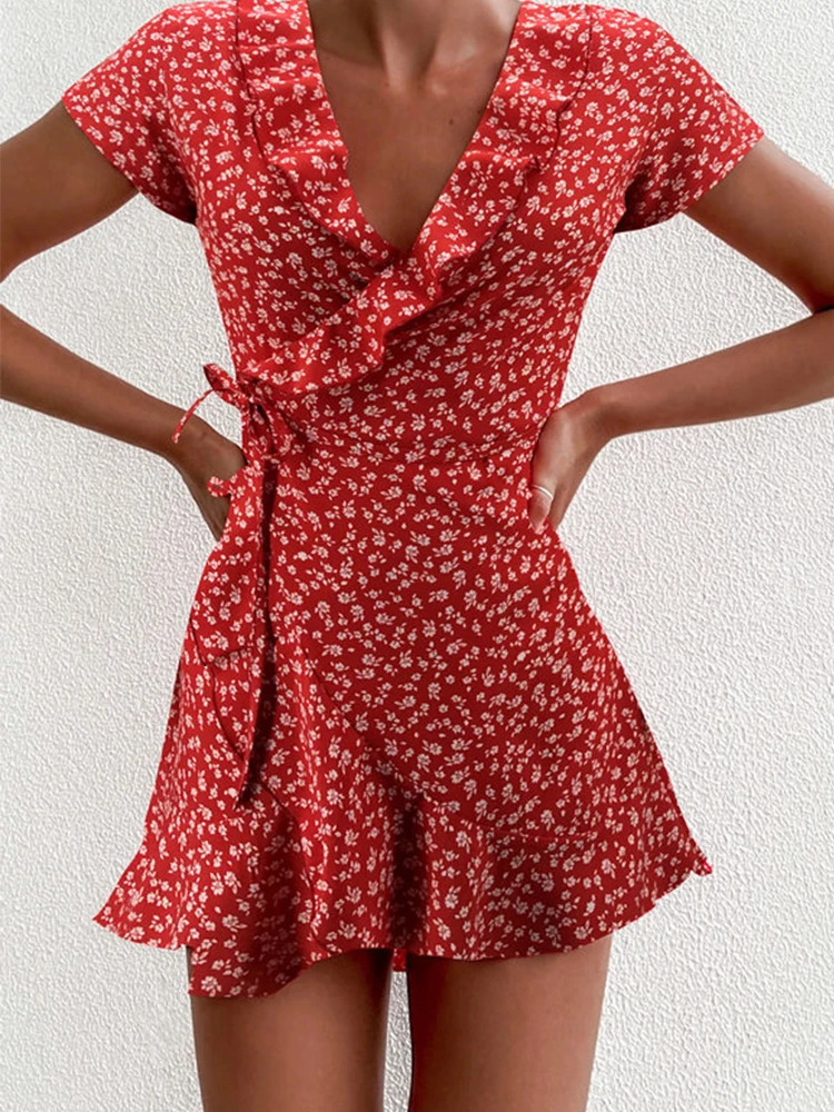 Summer Womens Floal A-Line Dress Sweet Elegant Floral Ruffles V-neck Bandage Short Dress for Lady Chic Flowers Mini Dress 260506