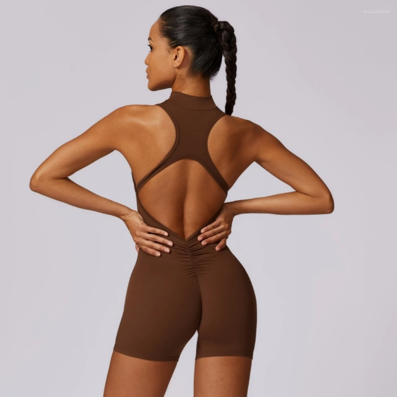 Active Sets Solid Soft Backless Back Waist Scrunch Yoga Jumpsuit Short Set Women Zipper Sportswear Fitness One Piece Sports Suit Workout