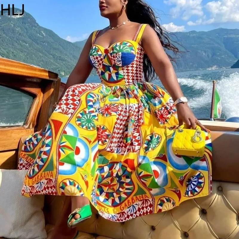 HLJ Fashion Multicolor Classic Print Long Dress Women Spaghetti Strap Elastic Backless Dresses Female Streetwear Vestidos 260507