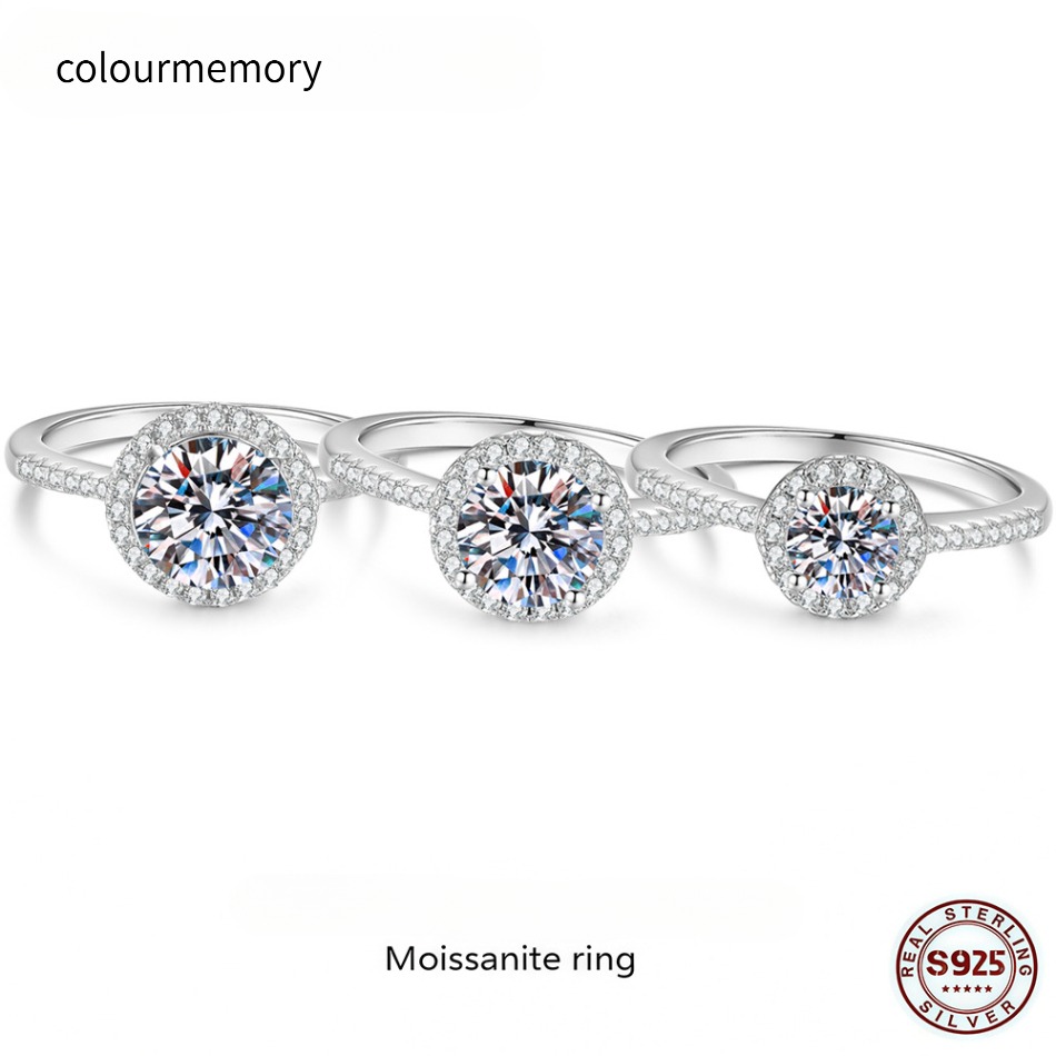 Halo Setting 1CT Moissanite Ring 925 Sterling Silver For Women-image-1105286721