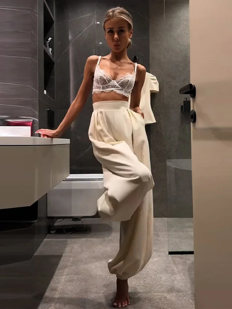 Casual Fitted Shirts Lantern Pants Sets Women O Neck Single Breasted Puffy Short Sleeves Suits Female Chic Solid Set 260507