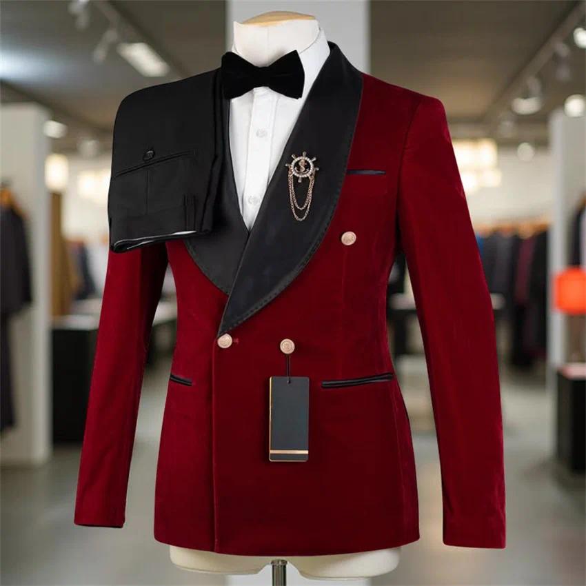 Velvet Formal Wedding Tuxedo Double Breasted Men Suits for Groomsmen 2 Pcs Formal Slim Fit Fashion Suit Set Jacket with Pants
