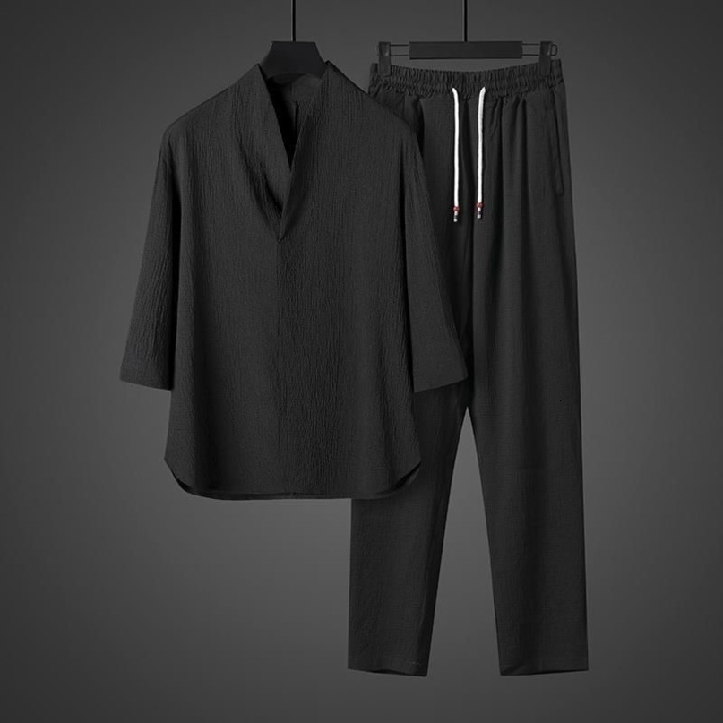 Spring Summer Thin Men Set Two Pieces Ice Silk V Neck Button Half Sleeve Tops Breathble Solid Color Pants Fashion 260430