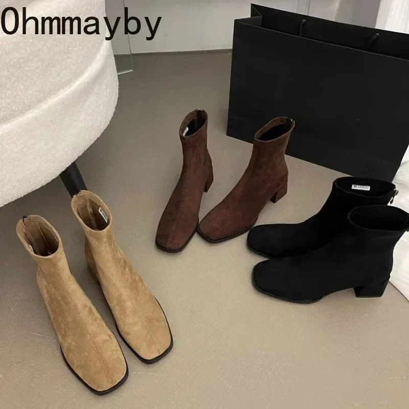 Autumn Winter Fleeces Women Sock Ankle Boots Fashion Square Heel Ladies Elegant Keep Warm Short Booties Womens Footwear 260508