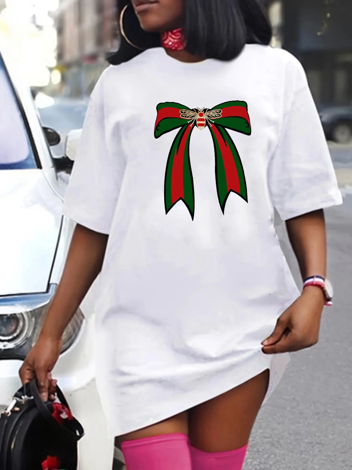 Ladies spring and summer casual loose plus size bee bow pattern printed round neck short sleeved Tshirt dress 260430