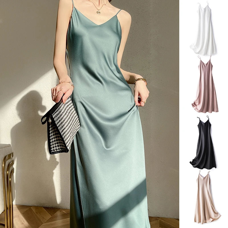 Womens Sexy Cami V Neck Satin Faux Silk Long Dress Evening Paty Club Cocktail Sling Sleeping Female Sleeveless V-Neck Nightgowns 260506