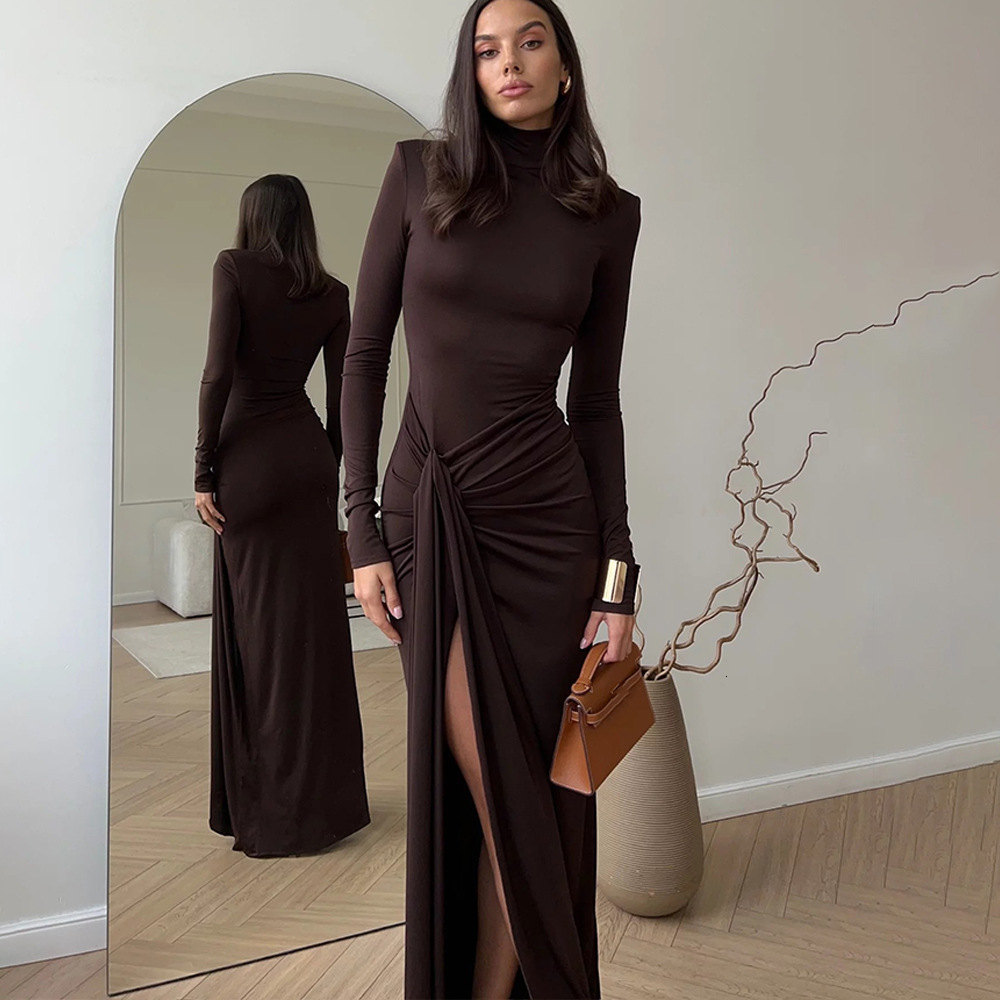 European and American Autumn Winter Fashion Women s High Neck Long Sleeve Patchwork Tie Waist Slim Fit Elegant Solid Color Dress for