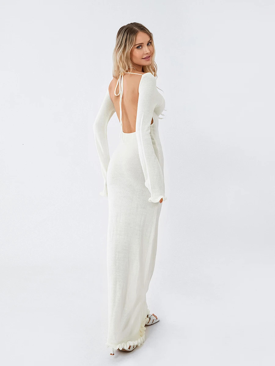 Women Long Sleeve Tie Backless Round Neck Ruffle Trim Long Dress Autumn Winter Knit Solid Color Bodycon Dress Beige/Grey/White260506