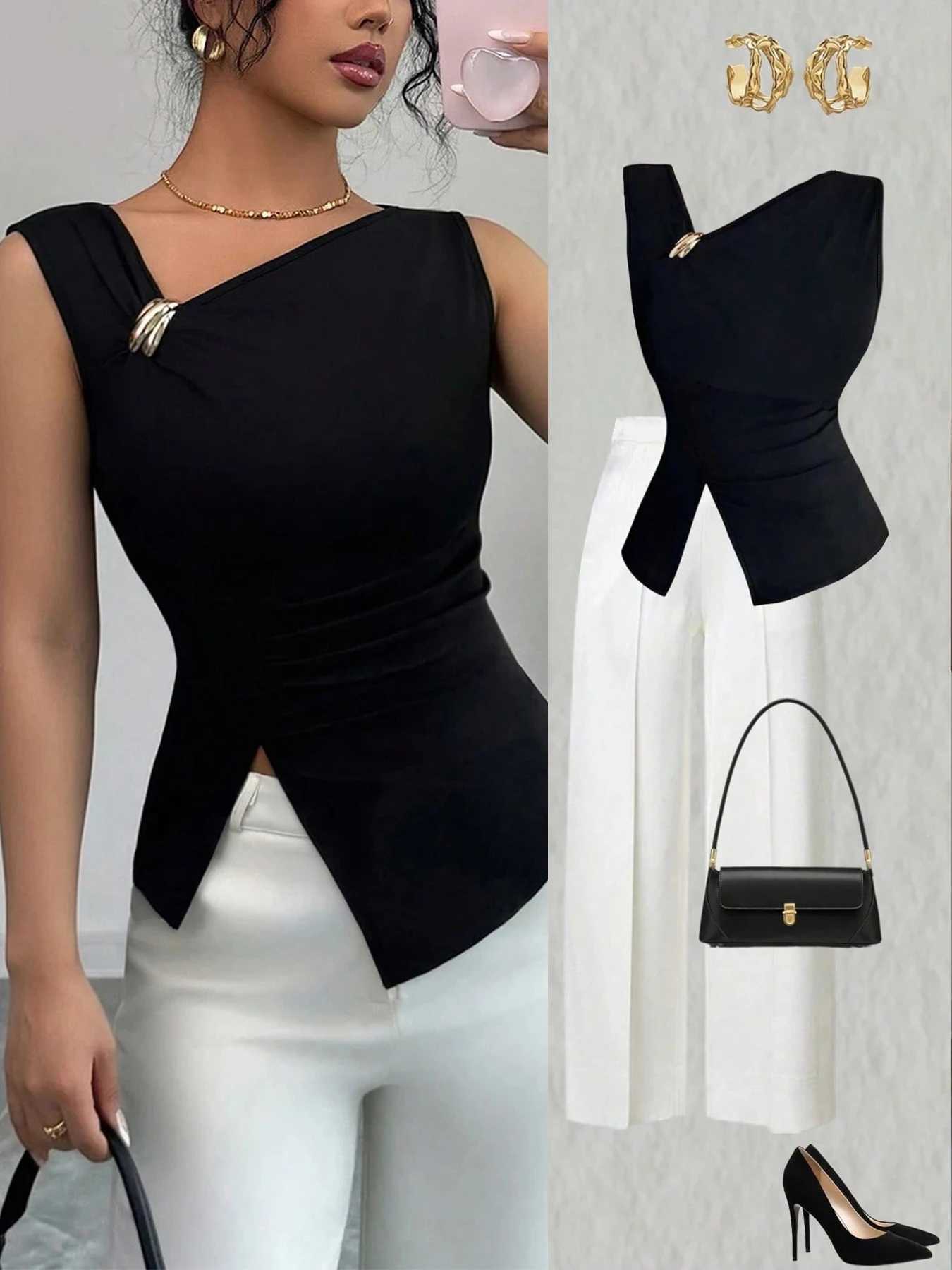 Womens Tank Top Asymmetric Ruched Split Decor Tank Top Ruched Blouse Fitted Elegant Chic Apparel Tops Spring Summer Daily ShirtsT260509