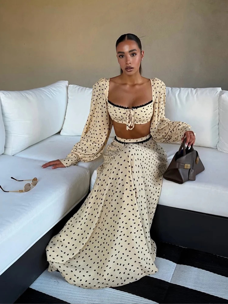 Summer Polka Dot Printed Skirt Set Women Elegant Long Sleeve Square Collar Cropped Top A Line Maxi Skirts Chic 2 Pcs Outfit 260508