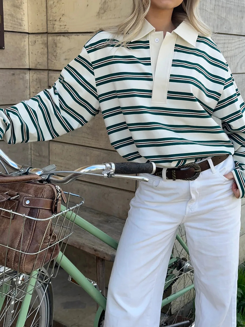 Casual Long Sleeve Female Stripe TShirts Fashion Womens Lapel Tshirt Spring Ladies Loose All Match Top Streetwear 260509 b6 bf
