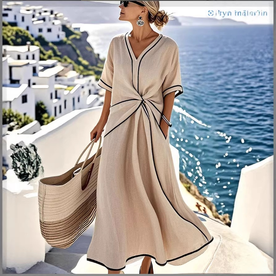 Designer 2026 European and American Amazon V neck Women's Fashionable Elegant Commuting Printed Striped Comfortable Dress for Women c2 d2