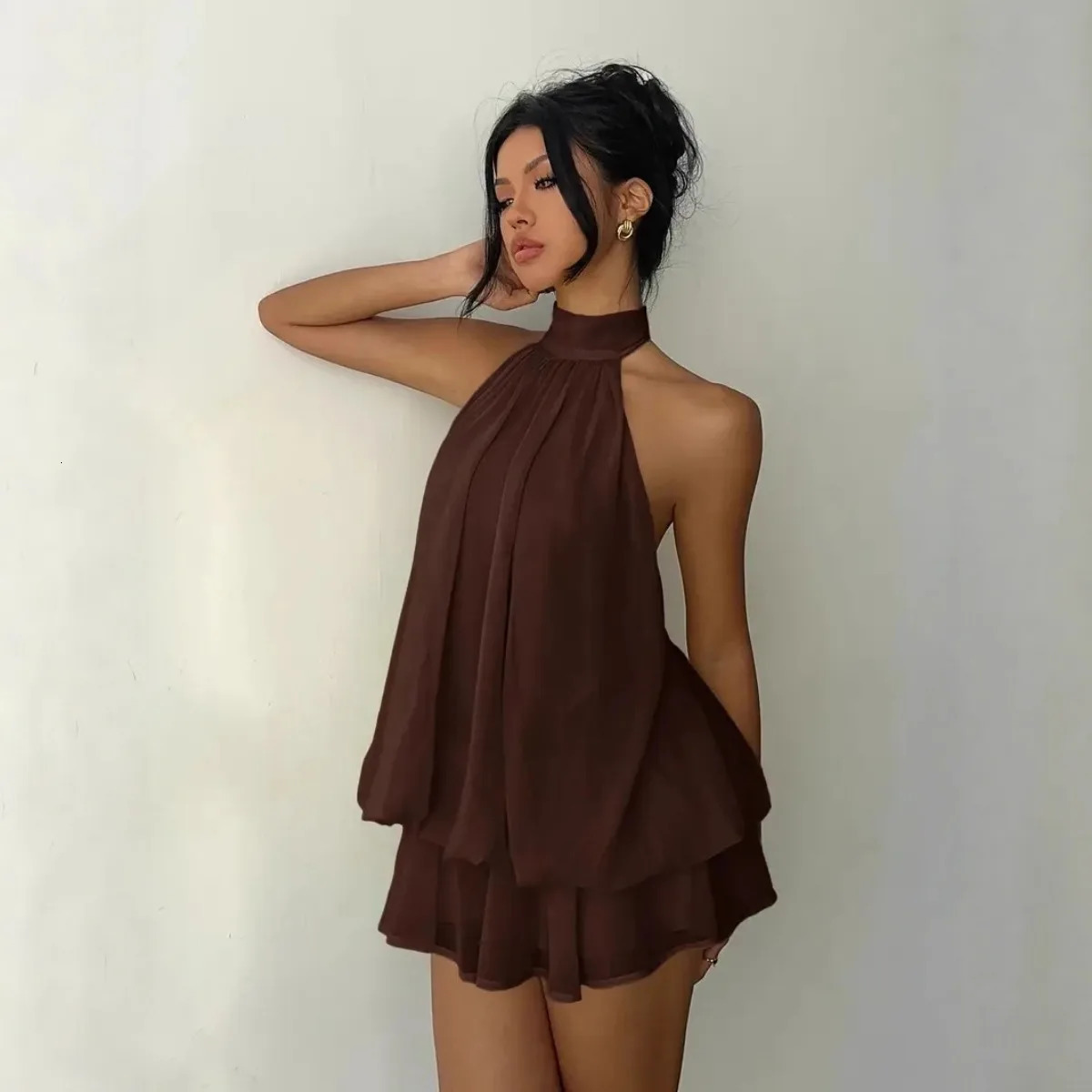 Womens Halter Neck Dress Backless TieFront Chiffon Sheer Mini Skirt Fashionable Sexy Y2K Vintage Cute Party Birthday 260430