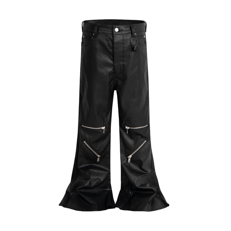 Knee Multi Zipper Coated Micro Flared Jeans for Men Streetwear Baggy Denim Trousers Straight Black Boot Cut