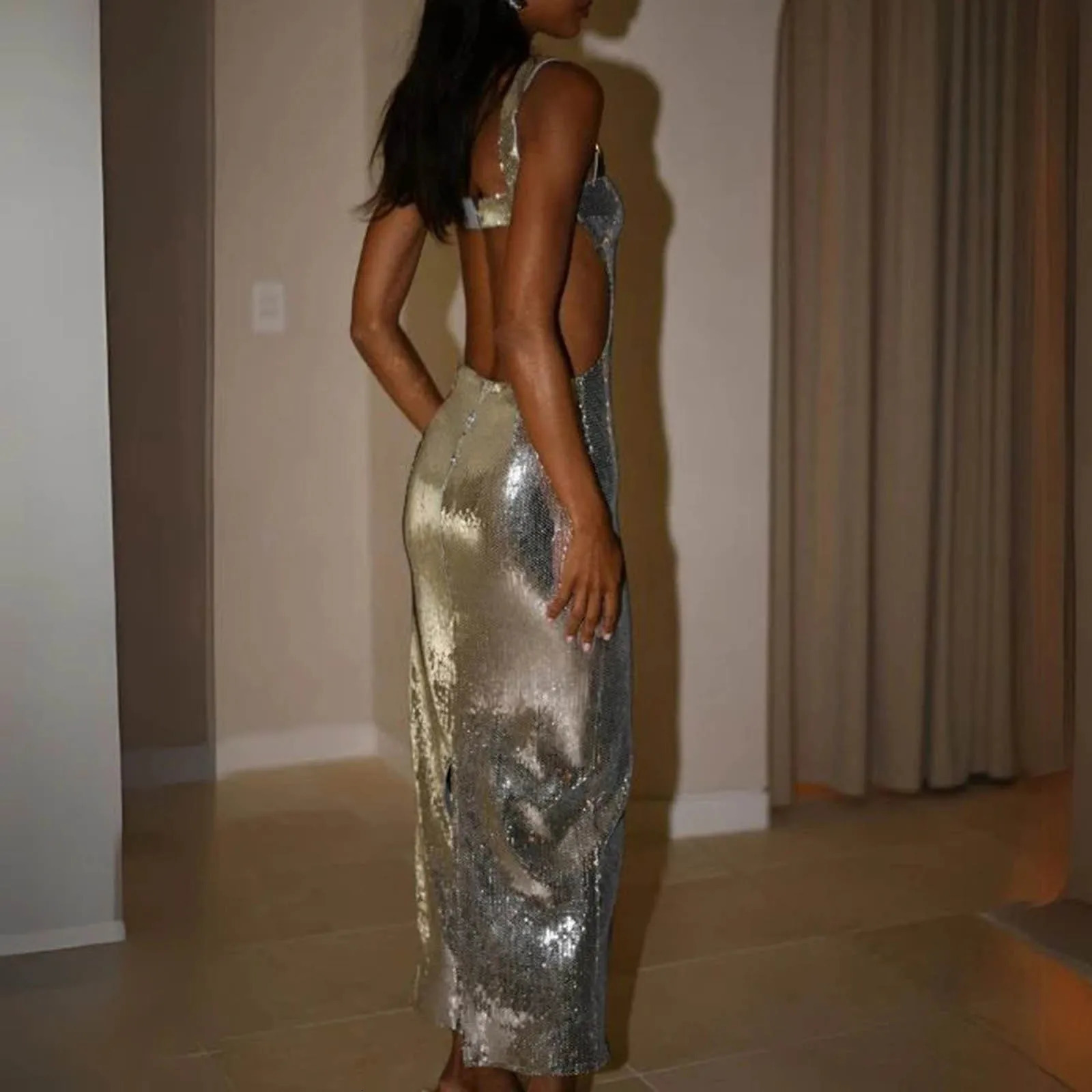 Sexy Spaghetti Strap Sequin Dresses Silver Glitter Backless Slim Fit Bodycon Long Maxi Dress Square Neck Party Club Prom Dress 260507
