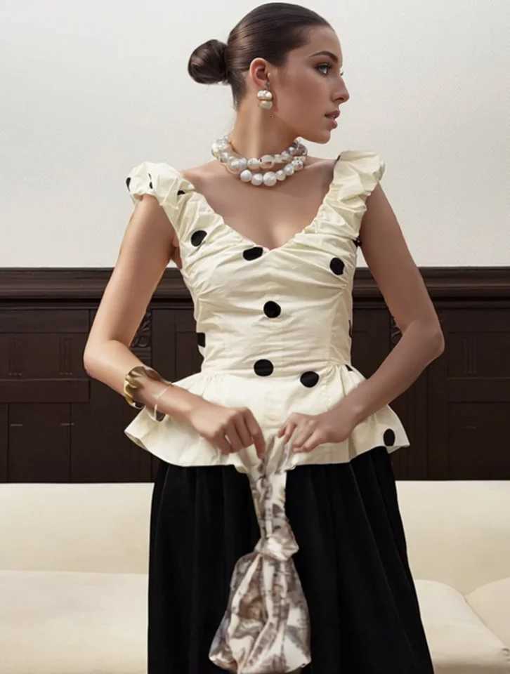 2026 New Polka Dot Backless Tank Tops Women Summer Street Chic Slim Deep V Neck Vest Casual Ruffles Sleeveless Tops WomanT260509
