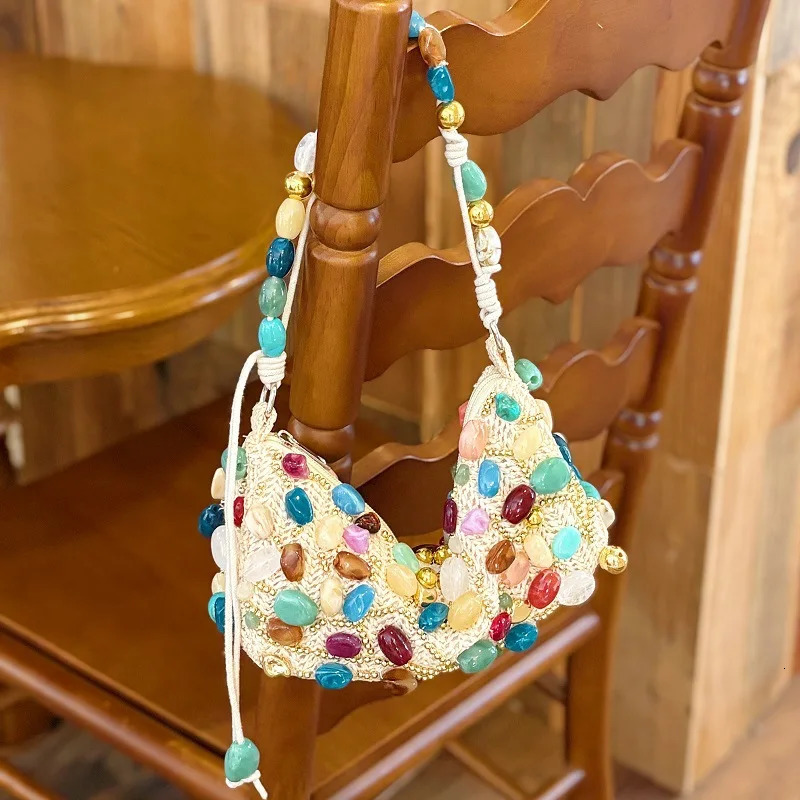 Evening Bag Bohemian Beading Shoulder Bag For Women French Casual Fashion Vacation Style Colorful Stone Decoration Y N dinner Handbags Clutch