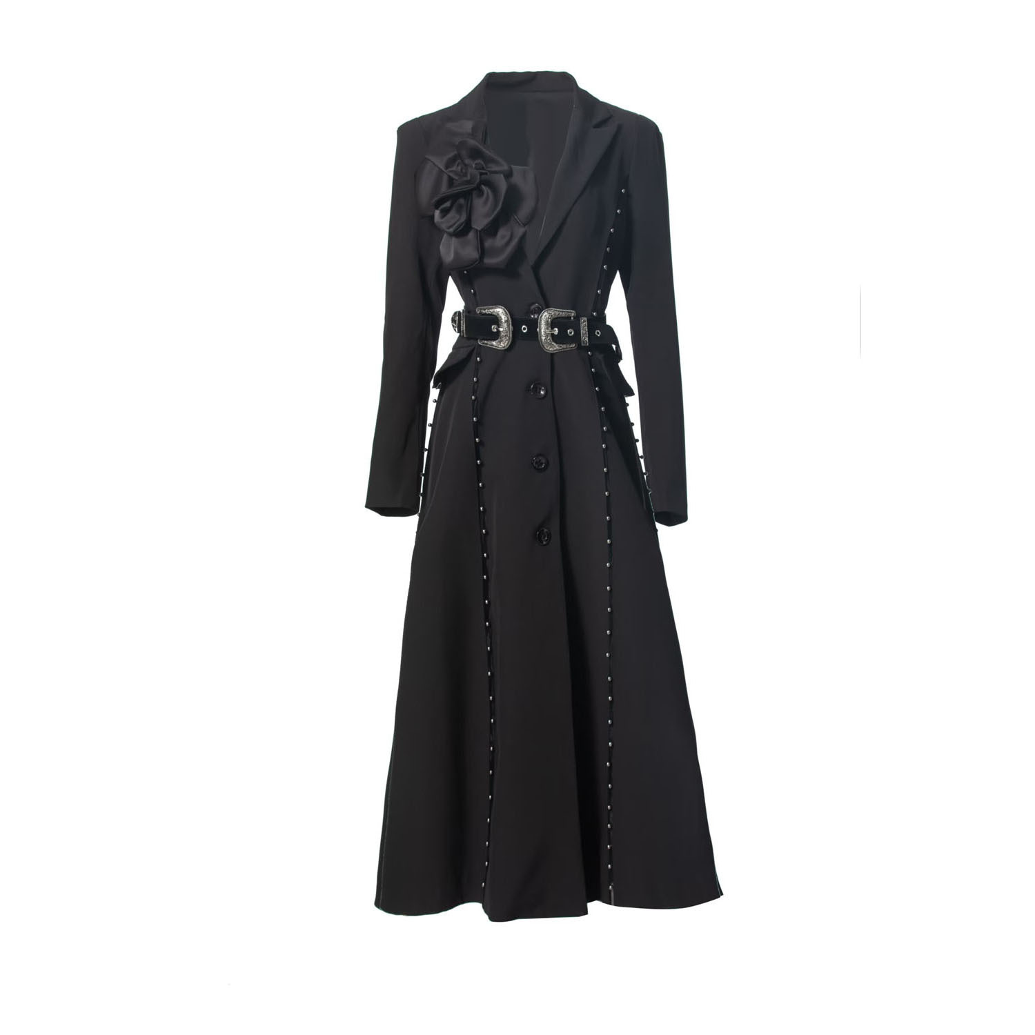 2024 new autumn women's suit collar long-sleeved rivet single-breasted long windbreaker jacket as