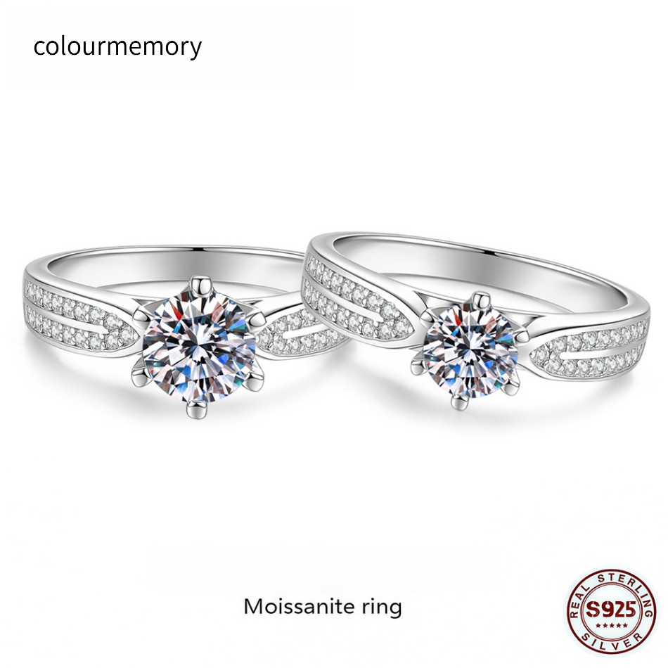 Six-Prong Solitaire Moissanite Ring with Side Stones 925 Sterling Silver For Women-image-1105413166