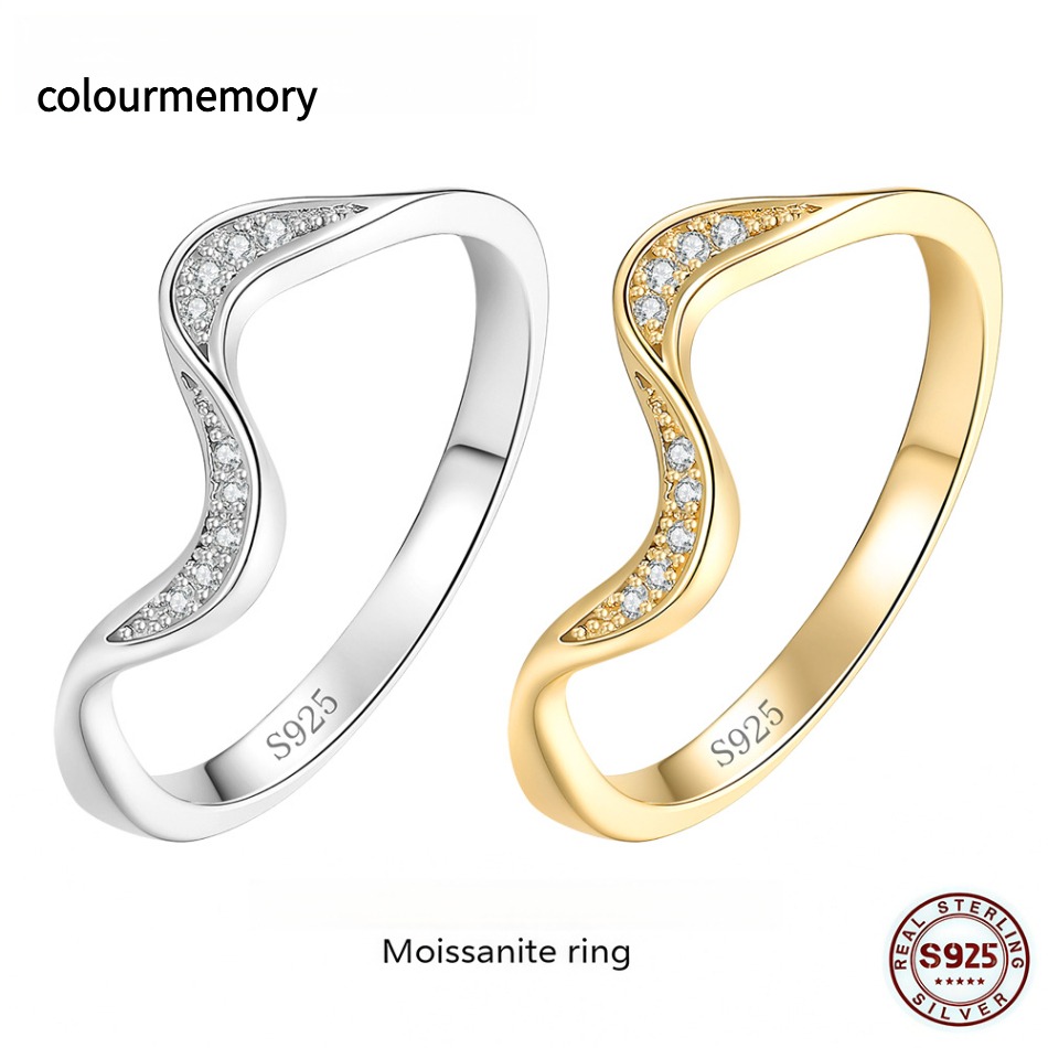 S925 Sterling Silver Moissanite Wave Ring, Adjustable Open Stackable Band, Women Minimalist Index/Pinky Finger Ring With GRA Certificate-image-1105396520