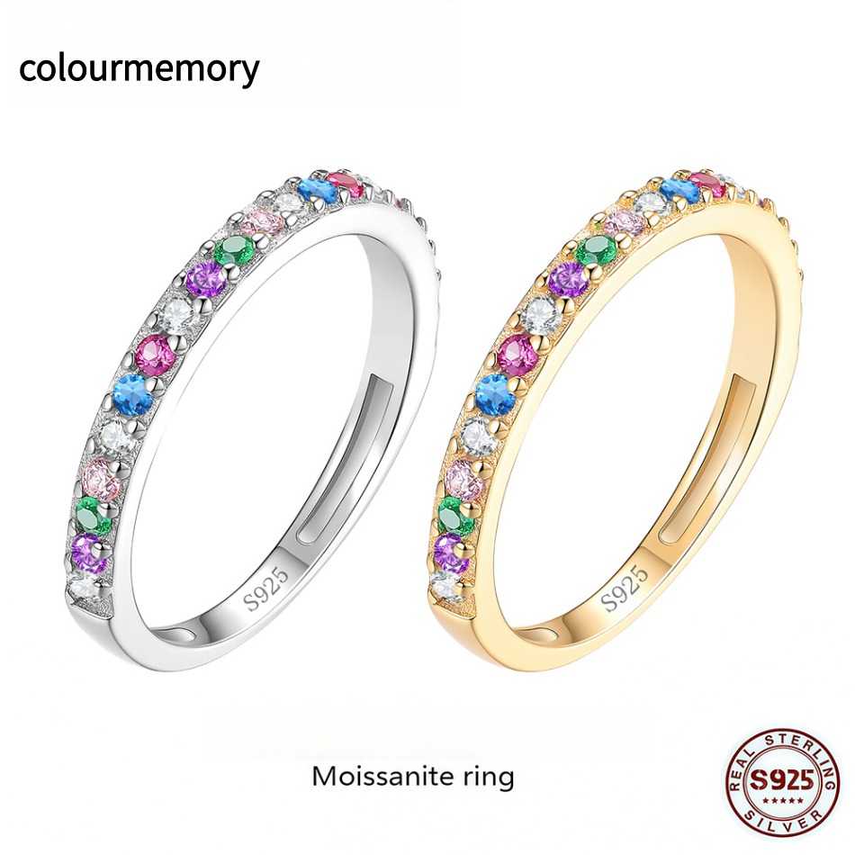S925 Sterling Silver Rainbow Moissanite Eternity Ring,VVS1 Clarity,Adjustable Open Stackable Band,Men/Women Minimalist Fashion Jewelry With GRA C-image-1105402649
