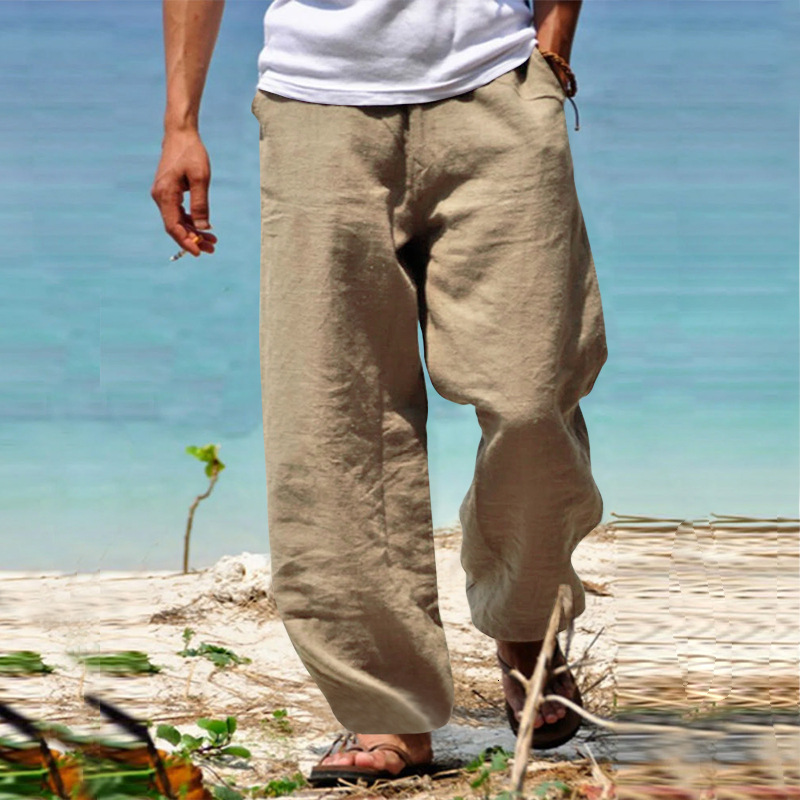 Spring New Loose Cotton Linen Drawstring Hip Hop Light Wide Leg Straight Pants Men's Fashion daily outfit 25
