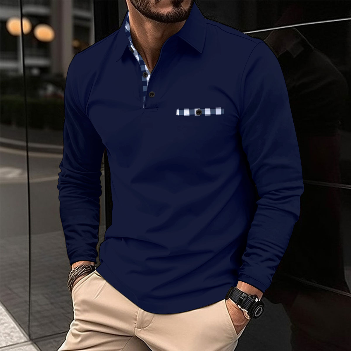 solid color polo shirt with chest logo print casual long sleeve men's top fresh clothing daily outfit e7