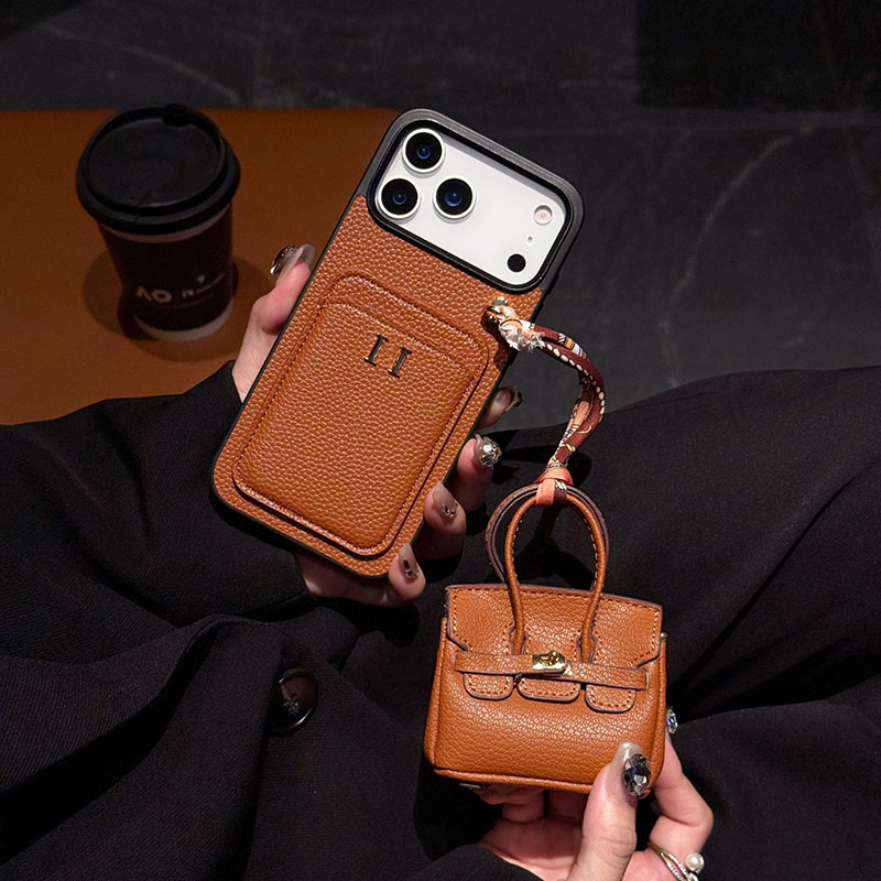 Card Holder Designer Phone Case for Apple iPhone 17 Pro Max Luxury Pebbled PU Leather AirPodcase Earphone Cover Phone Charm Coin Lipstick Purse C-image-1105389825
