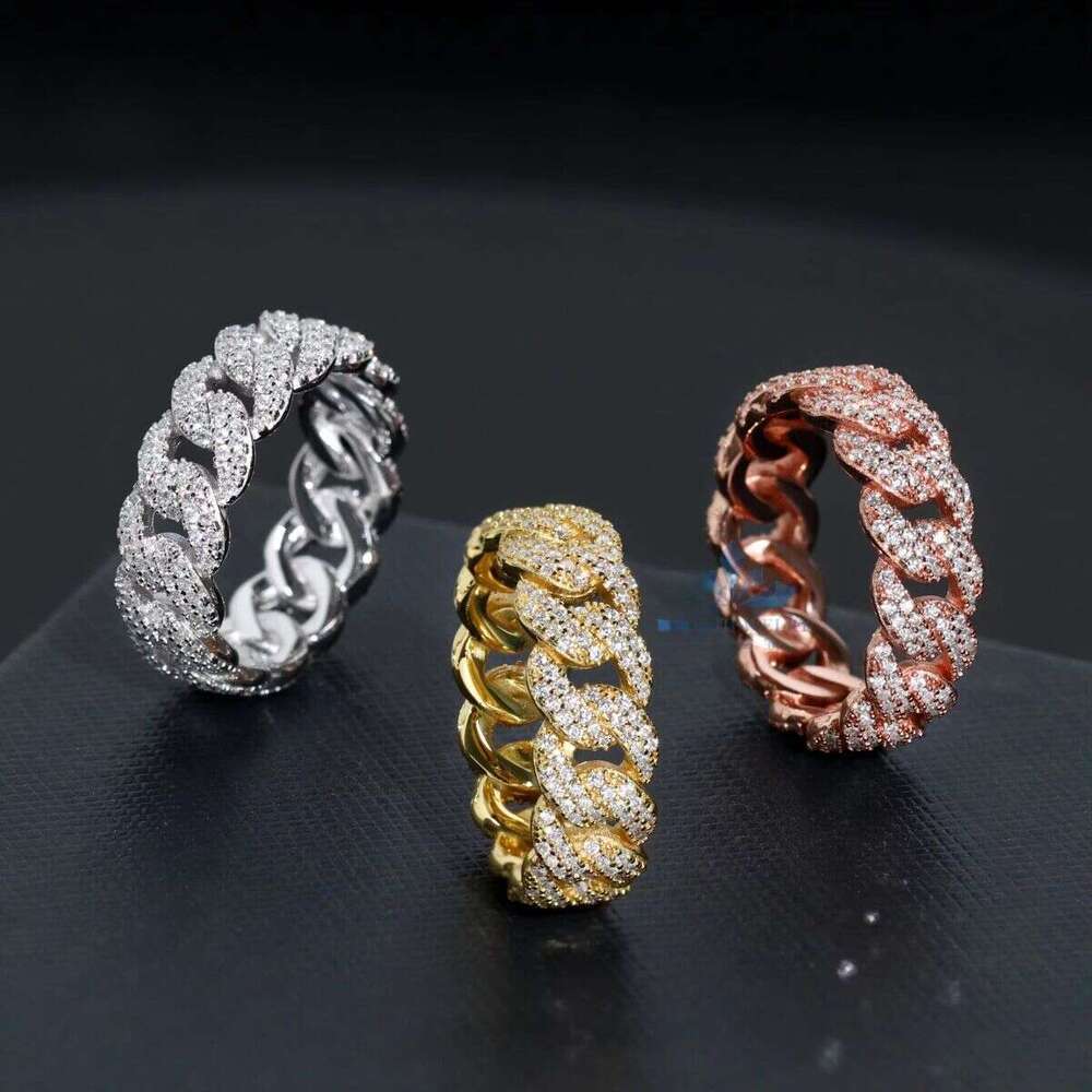 Top notch ring2 Row Cuban Chain Silicon Stone Iced Out Mens Ring Sterling Silver Rhodium Plated D Color Hip Hop Pearlescent Style Wedding Party