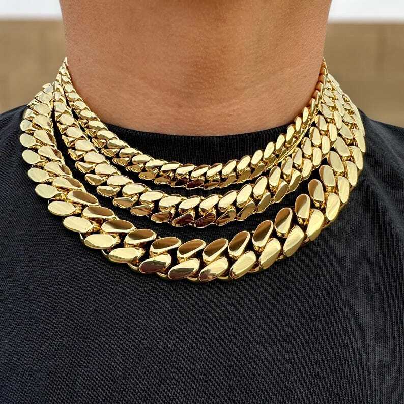 Miami Cuban Link Chain Solid Handmade Real 14k Gold Triple Plated 10-22mm Heavy Necklace Bracelet