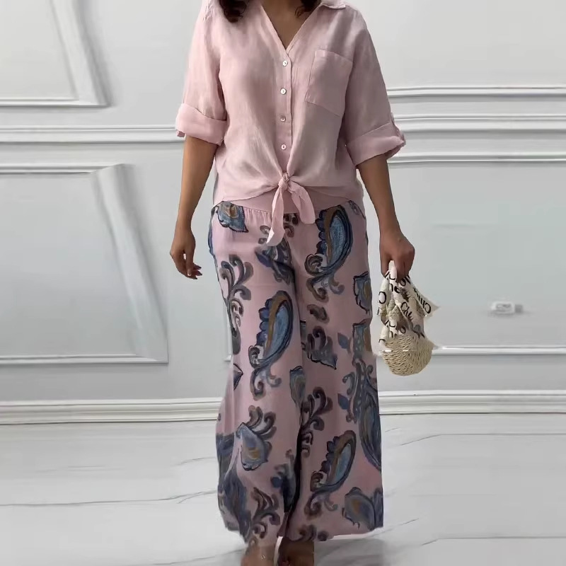 Automne pantalon à jambes larges deux pièces ensembles tenues femmes printemps à manches longues chemise boutonnée costume décontracté 2 pièces e