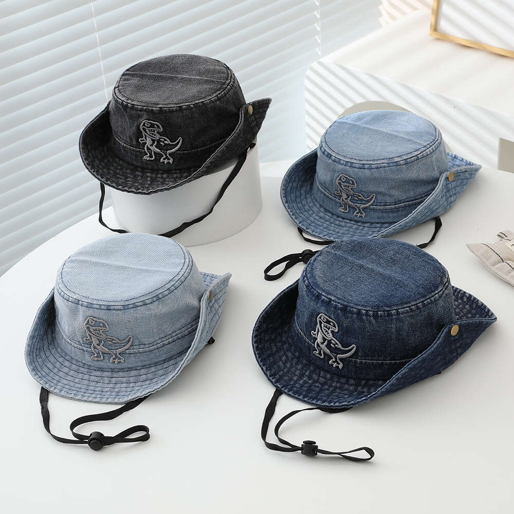 Dinosaur Denim Fisherman New Spring And Autumn Embroidered Children's Cartoon Bucket Hat, Korean Version Retro Fashion Hiking Hat Laotie Laotie